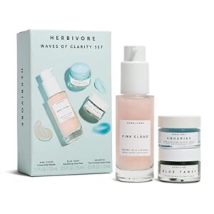 HERBIVORE Waves of Clarity Pore Purifying Set – Pink Cloud Cleanser (1.7 oz), Blue Tansy Resurfacing Mask (0.5 oz) and Aquarius Pore Purifying Cream (0.5 oz)